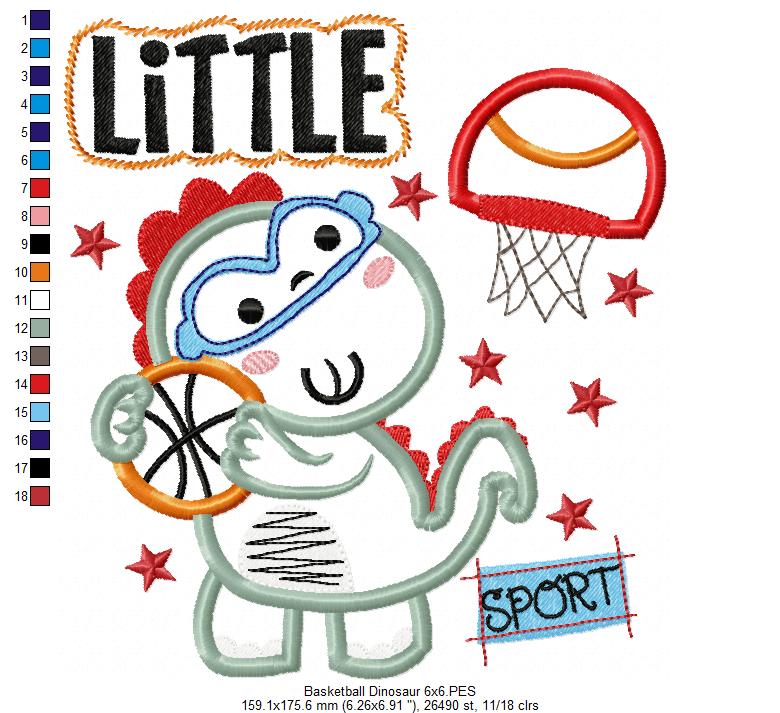 Little Basketball Dinosaur - Appliqué - Machine Embroidery Design