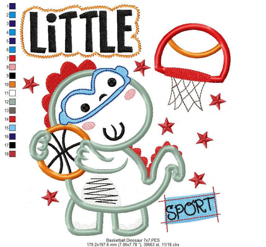 Little Basketball Dinosaur - Appliqué - Machine Embroidery Design