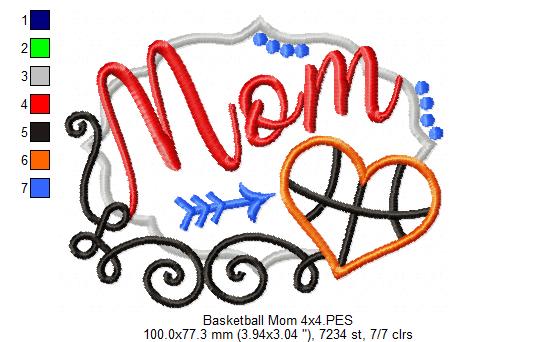 Basketball Mom Heart - Appliqué - Machine Embroidery Design