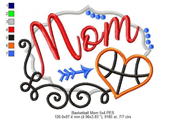 Basketball Mom Heart - Appliqué - Machine Embroidery Design