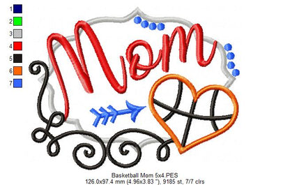 Basketball Mom Heart - Appliqué - Machine Embroidery Design