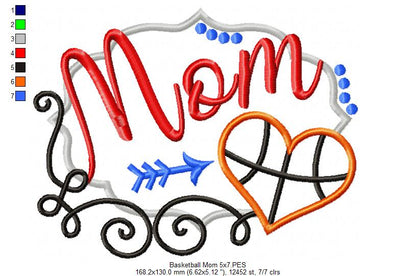 Basketball Mom Heart - Appliqué - Machine Embroidery Design