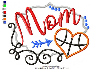 Basketball Mom Heart - Appliqué - Machine Embroidery Design