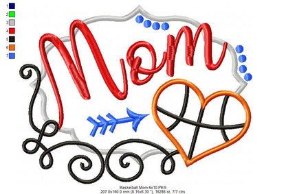 Basketball Mom Heart - Appliqué - Machine Embroidery Design