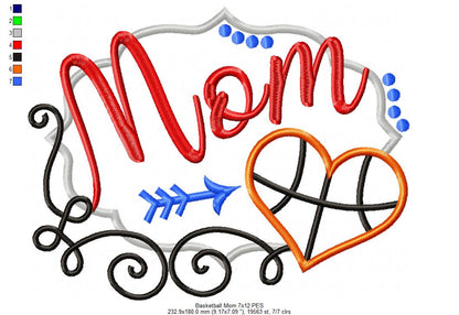 Basketball Mom Heart - Appliqué - Machine Embroidery Design