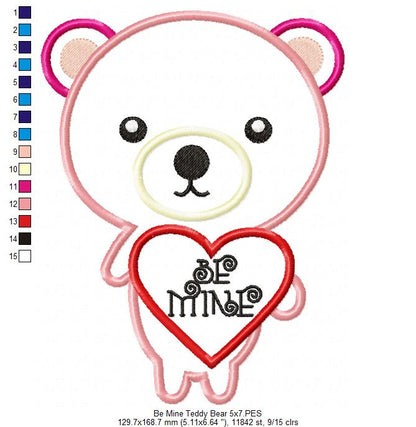 Be Mine Teddy Bear - Appliqué – Machine Embroidery Design