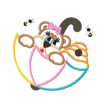 Bear Girl, Beehive and Umbrella - Applique - Machine Embroidery Design