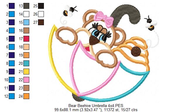 Bear Girl, Beehive and Umbrella - Applique - Machine Embroidery Design