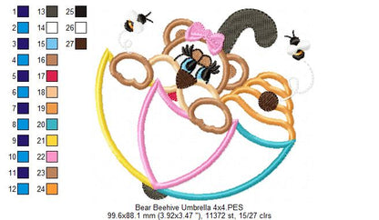 Bear Girl, Beehive and Umbrella - Applique - Machine Embroidery Design