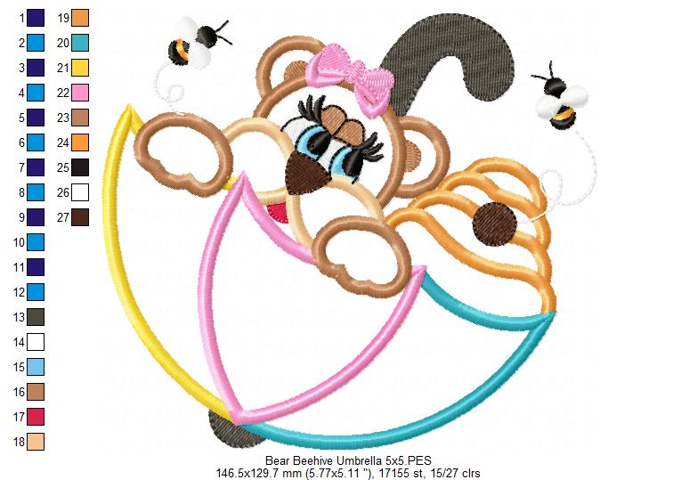 Bear Girl, Beehive and Umbrella - Applique - Machine Embroidery Design