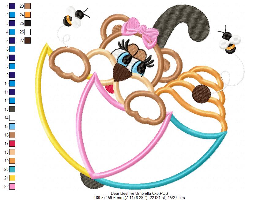 Bear Girl, Beehive and Umbrella - Applique - Machine Embroidery Design