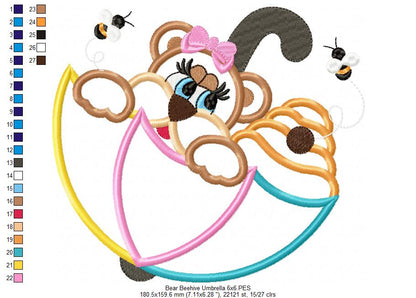 Bear Girl, Beehive and Umbrella - Applique - Machine Embroidery Design
