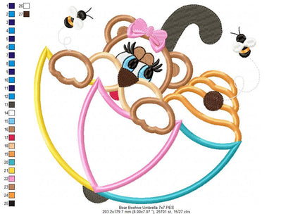Bear Girl, Beehive and Umbrella - Applique - Machine Embroidery Design