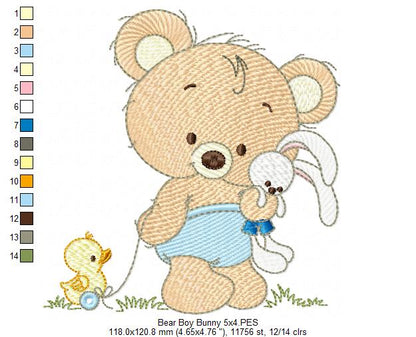 Baby Teddy Bear Boy with Bunny - Fill Stitch Embroidery