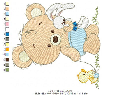 Baby Teddy Bear Boy with Bunny - Fill Stitch Embroidery