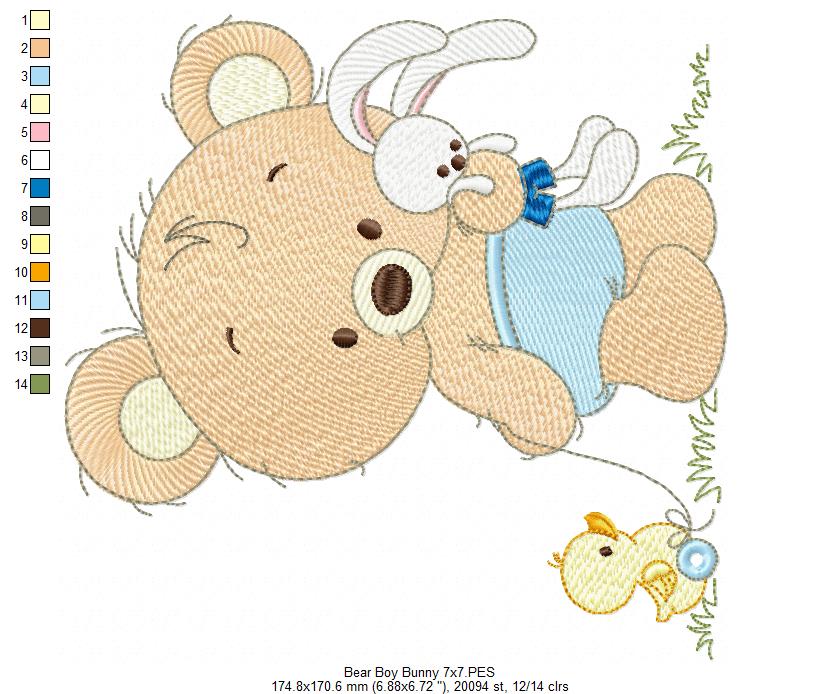 Baby Teddy Bear Boy with Bunny - Fill Stitch Embroidery