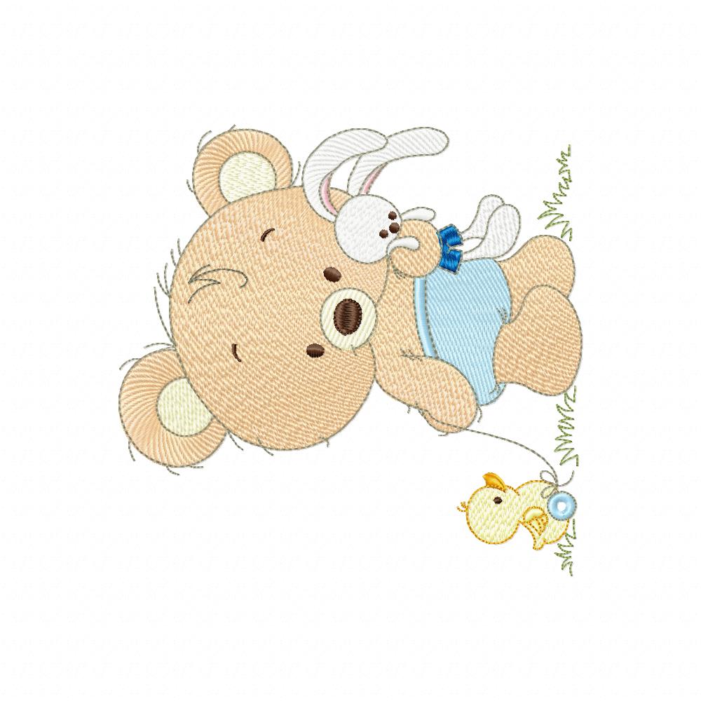 Baby Teddy Bear Boy with Bunny - Fill Stitch Embroidery