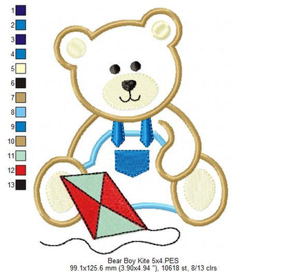 Teddy Bear Boy with kite - Applique