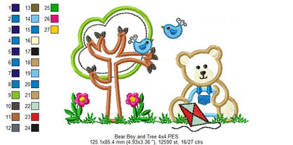 Teddy Bear Boy, Kite and Tree - Applique