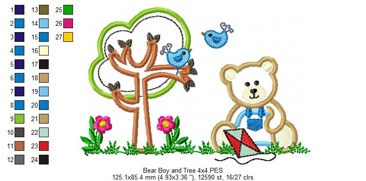 Teddy Bear Boy, Kite and Tree - Applique