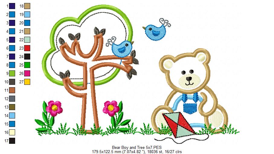 Teddy Bear Boy, Kite and Tree - Applique