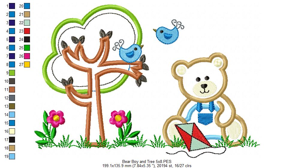 Teddy Bear Boy, Kite and Tree - Applique