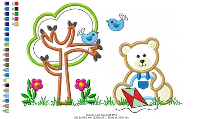 Teddy Bear Boy, Kite and Tree - Applique