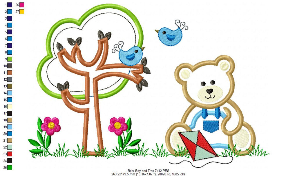 Teddy Bear Boy, Kite and Tree - Applique