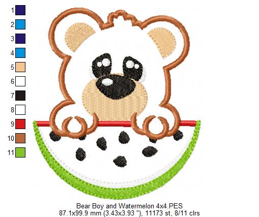 Bear Boy and Watermelon- Applique - Machine Embroidery Design
