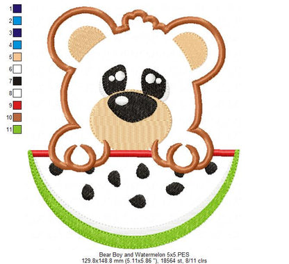 Bear Boy and Girl and Watermelon- Applique - Set of 2 designs