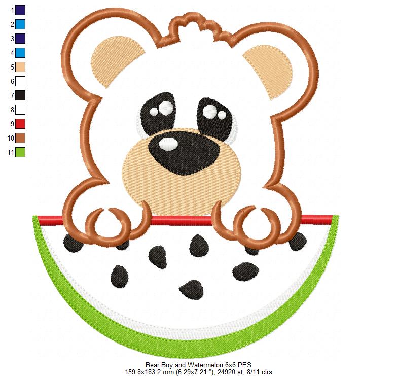 Bear Boy and Watermelon- Applique - Machine Embroidery Design