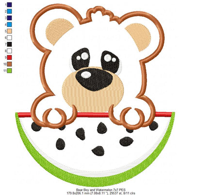Bear Boy and Girl and Watermelon- Applique - Set of 2 designs