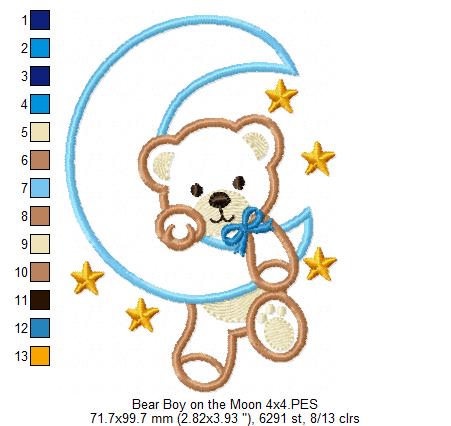 Bear Boy on the Moon - Aplique - Machine Embroidery Design