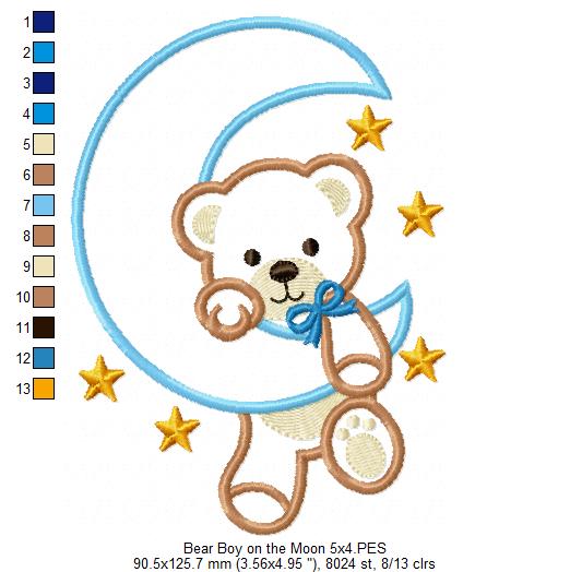 Bear Boy on the Moon - Aplique - Machine Embroidery Design