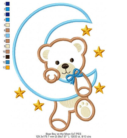 Bear Boy on the Moon - Aplique - Machine Embroidery Design