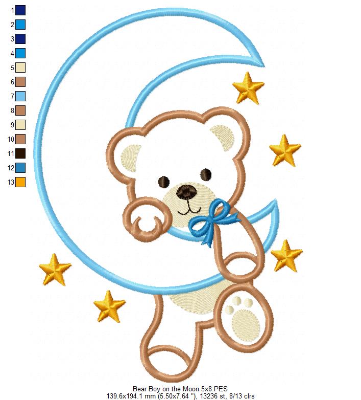 Bear Boy on the Moon - Aplique - Machine Embroidery Design