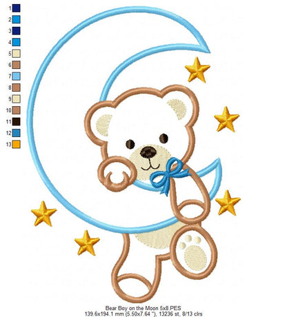 Bear Boy on the Moon - Aplique - Machine Embroidery Design