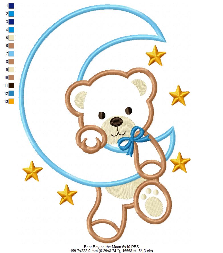 Bear Boy on the Moon - Aplique - Machine Embroidery Design