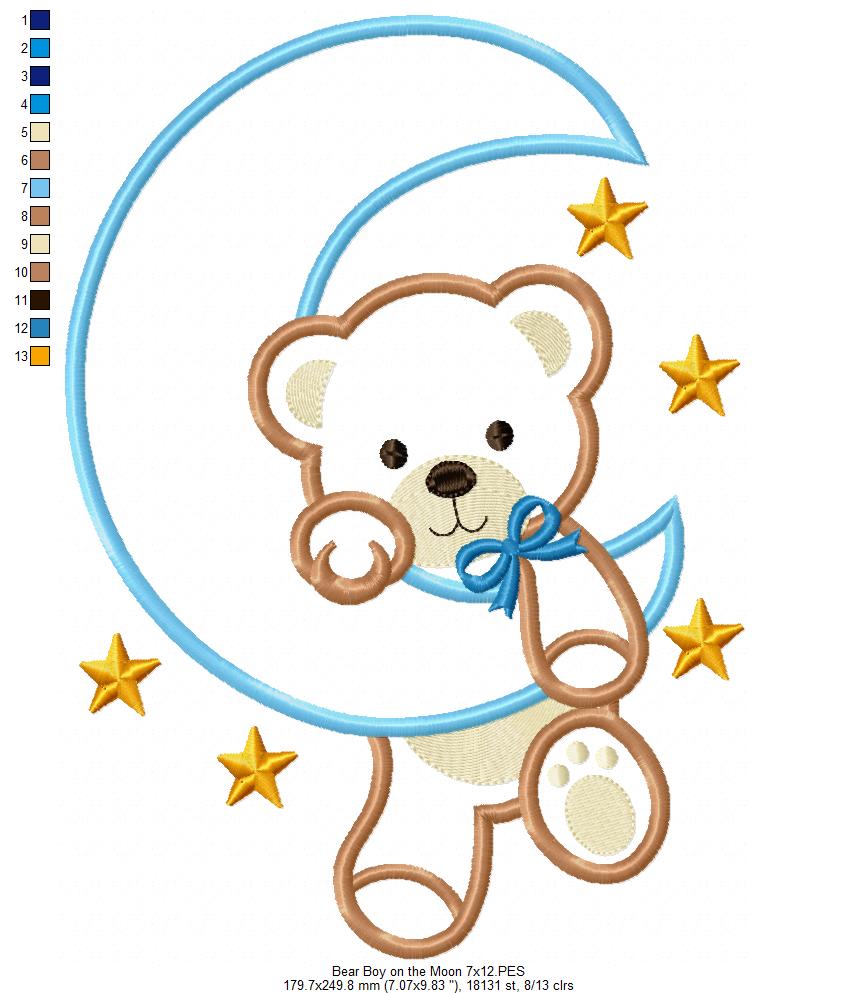 Bear Boy on the Moon - Aplique - Machine Embroidery Design