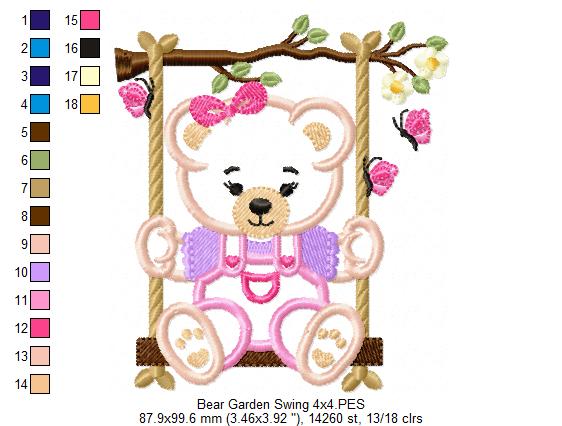 Teddy Bear Girl on Garden Swing - Applique - Machine Embroidery Design