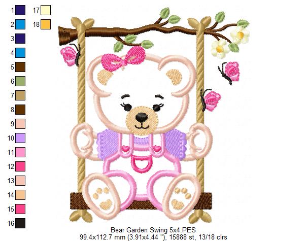 Teddy Bear Girl on Garden Swing - Applique - Machine Embroidery Design