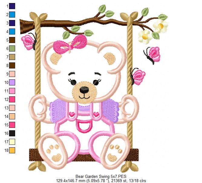 Teddy Bear Girl on Garden Swing - Applique - Machine Embroidery Design