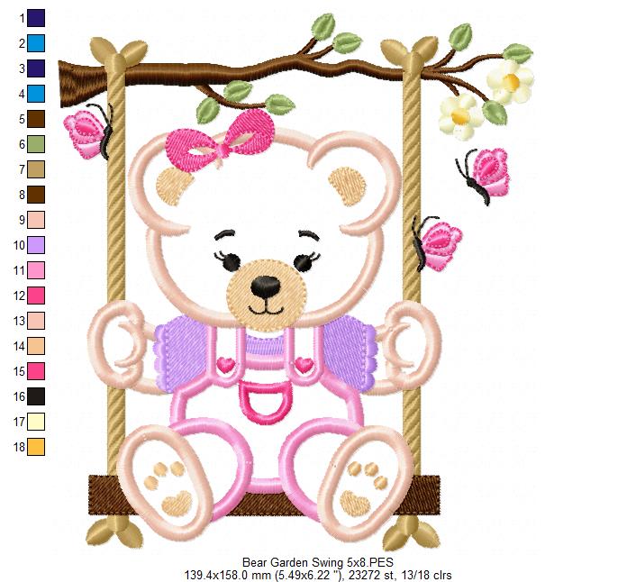 Teddy Bear Girl on Garden Swing - Applique - Machine Embroidery Design