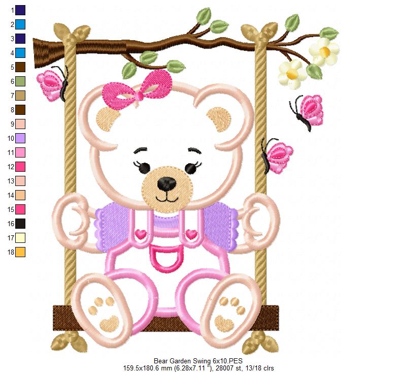 Teddy Bear Girl on Garden Swing - Applique - Machine Embroidery Design