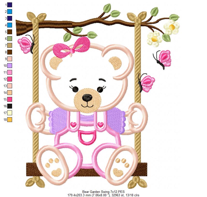 Teddy Bear Girl on Garden Swing - Applique - Machine Embroidery Design