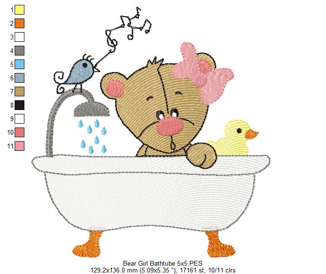 Cute Bear Bath Time - Fill Stitch - Machine Embroidery Design