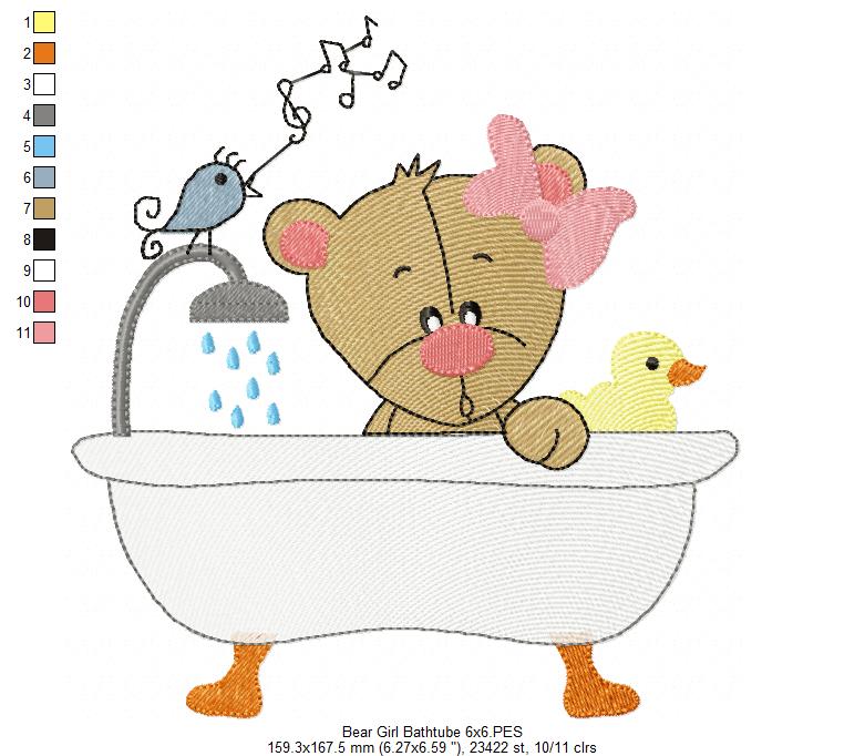 Cute Bear Bath Time - Fill Stitch - Machine Embroidery Design