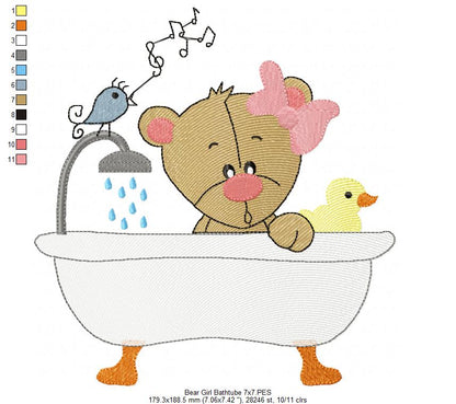 Cute Bear Bath Time - Fill Stitch - Machine Embroidery Design