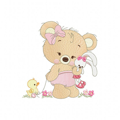 Baby Teddy Bear Girl with Bunny - Fill Stitch Embroidery