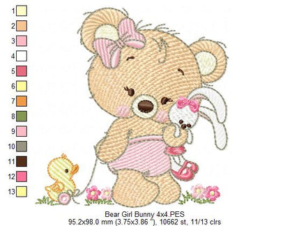 Baby Teddy Bear Girl with Bunny - Fill Stitch Embroidery